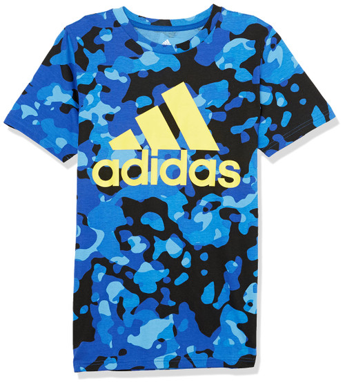 adidas Boys' Short Sleeve Cotton Allover Camo BoS Logo T-Shirt, Team Royal Blue, Medium (10/12)