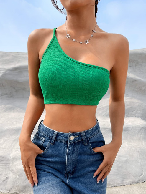CRYBA Women's Shirts Women's Tops Shirts for Women One Shoulder Crop Top (Color : Green, Size : Small)