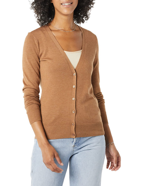 Amazon Essentials Women's Lightweight Vee Cardigan Sweater (Available in Plus Size), Camel Heather, Medium