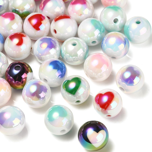 LiQunSweet 100 Pcs 16mm UV Plating Round Acrylic Beads Heart Pattern Bubblegum Chunky Beads Spacer for Jewelry Making Beading DIY Art Craft