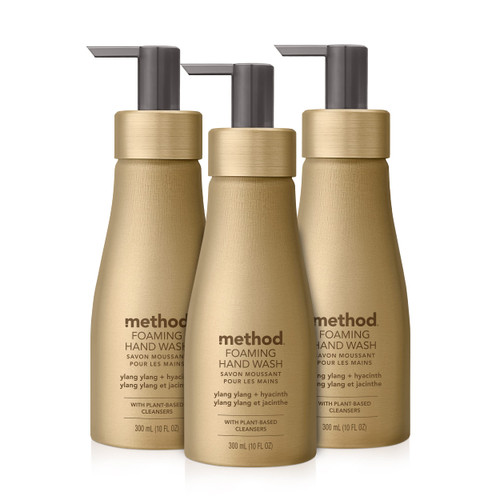 Method Premium Foaming Hand Wash, Ylang Ylang + Hyacinth, Reusable Gold Aluminum Bottle, Biodegradable Formula, 10 fl oz (Pack of 3)