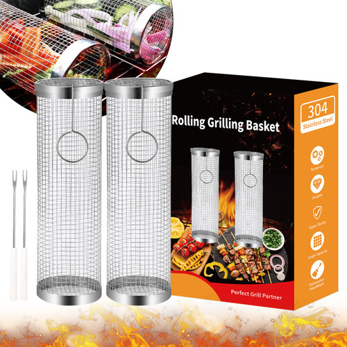 Grill Basket 2 PCS, BBQ Grill Basket, Rolling Grilling Basket, Stainless Steel Grill Mesh Barbeque Grill Accessories, Portable Grill Baskets for Outdoor Grill for Fish, Shrimp, Meat, Vegetables, Fries Grill Basket 2 PCS, BBQ Grill Basket, Rolling Grilling Basket, Stainless Steel Grill Mesh Barbeque Grill Accessories, Portable Grill Baskets for Outdoor Grill for Fish, Shrimp, Meat, Vegetables, Fries