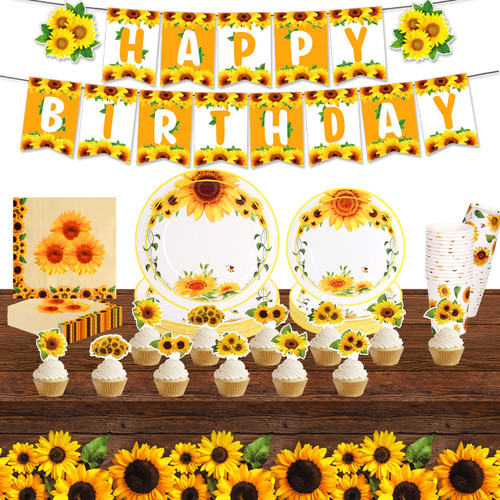 Sunflower Birthday Party Decoration for 25 Guests Sunflower Themed Party Plates and Napkins Supplies, Sunflower Birthday Banner Sunflower Party Tablecloth Cake Toppers Sunflower Party Supplies