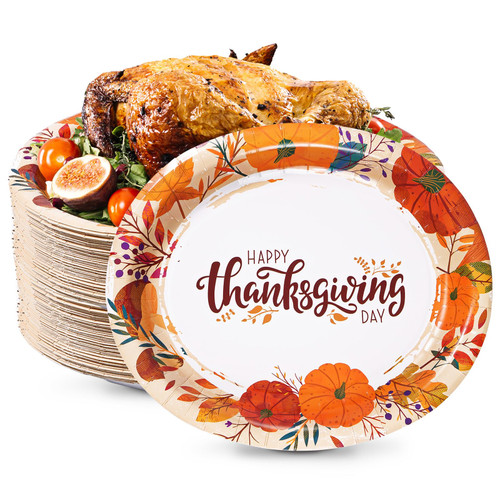 Tyzarglef 50 Count Thanksgiving Oval Paper Plates, 10" x 12.5" Large Disposable Dinner Serving Party Platters Heavy Duty, Autumn Fall Harvest Party Supply Thanksgiving Decor