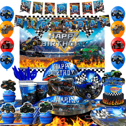 Monster Truck Birthday Party Supplies,112pcs Monster Truck Birthday Decorations - Monster Truck Plates and Napkins etc Monster Truck Decorations