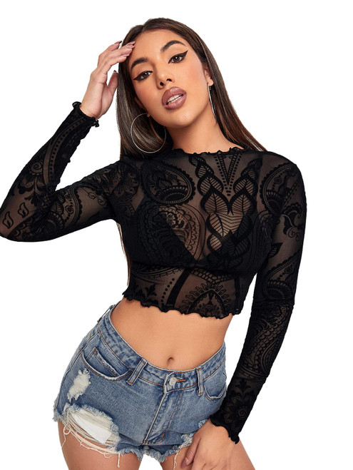 SOLY HUX Women's See Through Tops Floral Print Long Sleeve Tee Lettuce Trim Sexy Sheer Mesh Crop Top T Shirts Black L SOLY HUX Women's See Through Tops Floral Print Long Sleeve Tee Lettuce Trim Sexy Sheer Mesh Crop Top T Shirts Black L