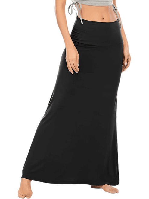 LYANER Women's Casual High Waist Solid Flare Maxi Long Skirt Black Large