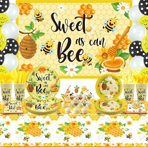 Bee Party Supplies - Honey Bumble Bee Party Decoration Include Sweet as Can Bee Backdrop, Plates, Cups, Napkins, Bee Tablecloth, Balloon for Baby Shower Gender Reveal Bee Birthday Party, Serves 20