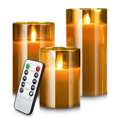 Led Flameless Candles, Battery Operated Flickering Candles Pillar Real Wax Moving Flame Electric Candle Sets Gold Glass Effect with Remote Timer for Halloween Home Bathroom Decor, 4 in, 5 in, 6 in