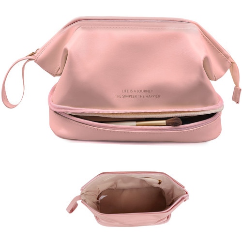 Abiudeng Makeup Bag,Double Layer Travel Leather Portable Toiletry Bag,Roomy Cosmetic Bag for Women and Girls.Pink Abiudeng Makeup Bag,Double Layer Travel Leather Portable Toiletry Bag,Roomy Cosmetic Bag for Women and Girls.Pink