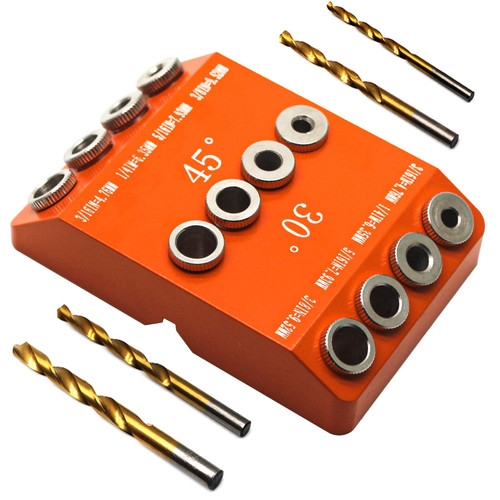 DIRAEEN 30 45 90 Angle Drill Guide Jig with 4 Drill Bits-Portable Drill Guide for Angled Holes and Straight Hole, All Metal Jig for Stairs Handrail, Cable Railing, Deck, Wood Post