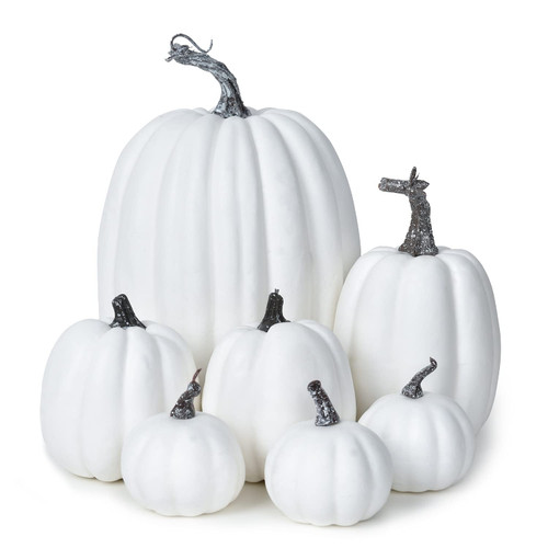 Artiflr 7Pcs White Artificial Pumpkins Maple Leaves Decoration, Fake Fall Maple Leaves Velvet Pumpkin for Halloween Thanksgiving Autumn Festive Harvest Party Decor (7, White)