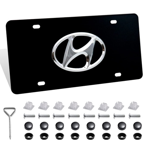 3D Black Stainless Steel Hyundai License Plate Frame with Screw Caps, Front Tag License Plate Cover Fit for US Standard Car