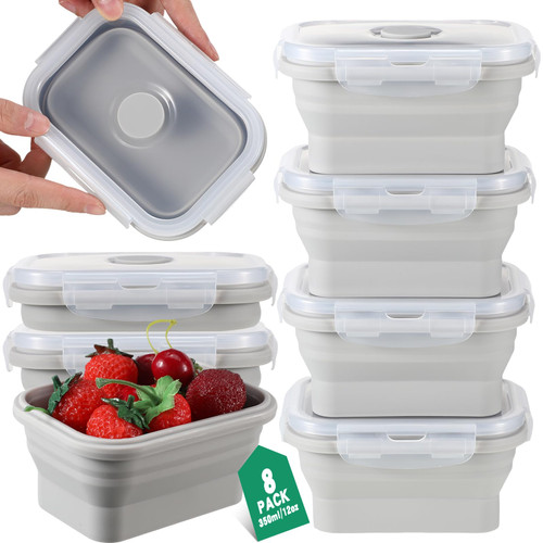 Mifoci Set of 8 Silicone Collapsible Food Storage Containers 12 oz Collapsible Meal Prep Container Square Collapsible Bowl with Lids Vent, Microwave and Freezer and Dishwasher Safe (Gray)