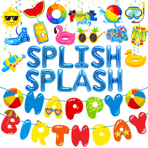 Splish Splash Birthday Bash Party Supplies Splish Splash Birthday Balloons Beach Happy Birthday Banner Summer Pool Party Hanging Swirls for Boys Hawaiian Summer Pool Beach Birthday Party Decorations