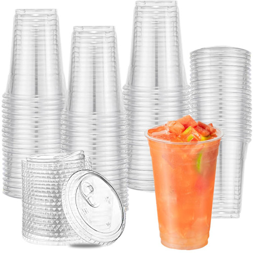 VCKK [ 100 Sets - 24oz Plastic Cups with Strawless Sip Lids, Disposable To Go Cups for Iced Coffee, Smoothie, Milkshake, Cold Beverage Drinking Cup - Clear VCKK [ 100 Sets - 24oz Plastic Cups with Strawless Sip Lids, Disposable To Go Cups for Iced Coffee, Smoothie, Milkshake, Cold Beverage Drinking Cup - Clear