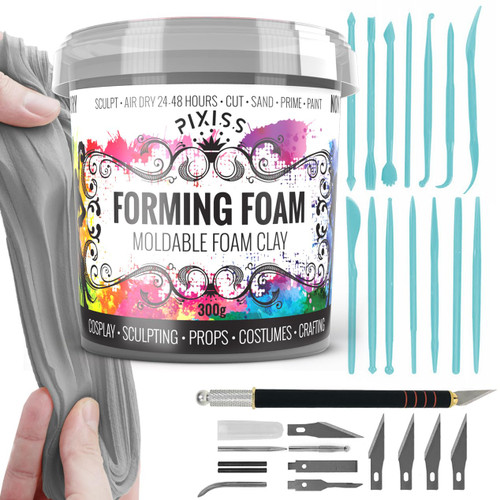 Foam Clay Sculpting Foam for Cosplay (300 Gram Gray), 14 Sculpting Tools, Craft Knife with Extra Blades and Sculpting Points, Soft Air Dry Moldable Sculpting Cosplay Materials