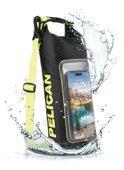 Pelican Marine IP68 Waterproof Dry Bag 2L - Roll Top Backpack w/ Phone Case/Pouch Boating & Kayak Accessories Essentials for Camping Swimming Beach Fishing Rafting Travel Black/Yellow