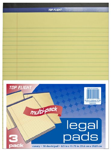 Top Flight Legal Pad, 8.5 x 11.75 Inches, 0.375 Inch Rule, Canary, 50 Sheets per Pad, 3 Pads per Pack (4513108)