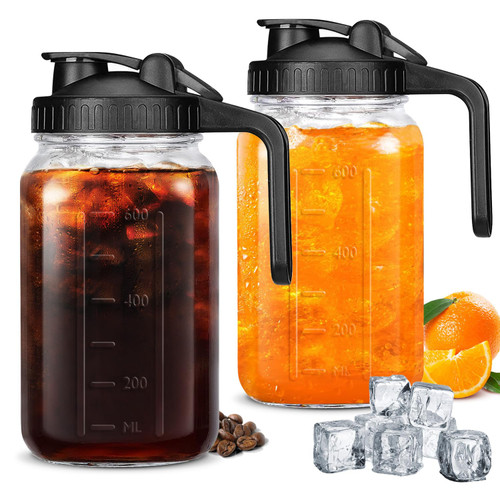 Nevfiro Mason Jar Pitcher with Pour Spout Handle Lid, 2Pack 32OZ Thick Glass Pitcher with Lid, Leak-proof Glass Pitcher Wide Mouth for Brew Coffee, Ice Beverage, Juice, Lemonade, Sun Tea, Fruit Drink