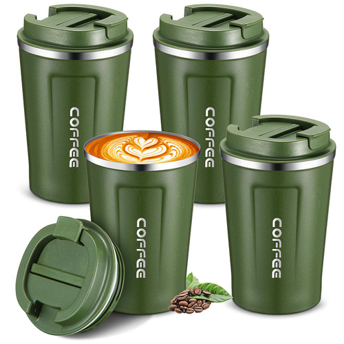 4 Pieces 13 oz Insulated Coffee Travel Mug with Leakproof Lid Stainless Steel Coffee Cup Portable Tumbler Reusable Coffee Mugs for Keep Hot Cold Coffee Milk Tea and Beer (Green)