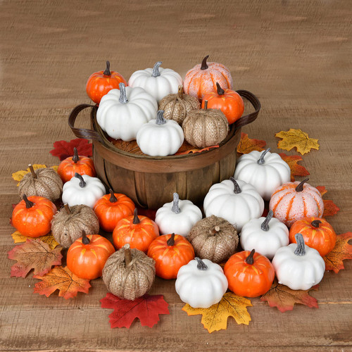 DearHouse 80Pcs Artificial Pumpkins Maple Harvest Fall Decoration, 30Pcs Fall Pumpkins and 50Pcs Maple Leaves for Autumn Thanksgiving Harvest Home Decor
