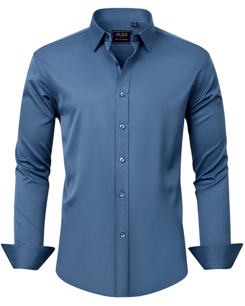 J.VER Men's Dress Shirts Solid Long Sleeve Stretch Wrinkle-Free Shirt Regular Fit Casual Button Down Shirts Ink-Blue Large