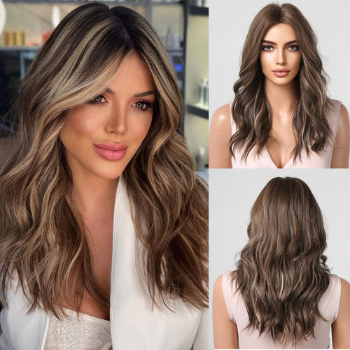 KOME Brown Long Wavy Wig for Women,Highlight Middle Part Curly Wavy Wig,Shoulder Length Natural Looking Synthetic Heat Resistant Fiber Wig for Daily Party Use KOME Brown Long Wavy Wig for Women,Highlight Middle Part Curly Wavy Wig,Shoulder Length Natural Looking Synthetic Heat Resistant Fiber Wig for Daily Party Use