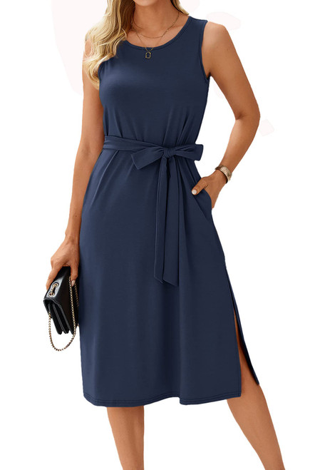 JustFashionNow Women's Casual Sleeveless Dresses Round Neck Summer Sundress Beach Split Loose Midi Dress with Pockets Navy Blue L