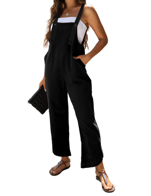 Omoone Women Sleeveless Cotton Straps Baggy Jumpsuit Overalls Casual Summer Bib Rompers Pockets (3124-BlackX1-XXL)
