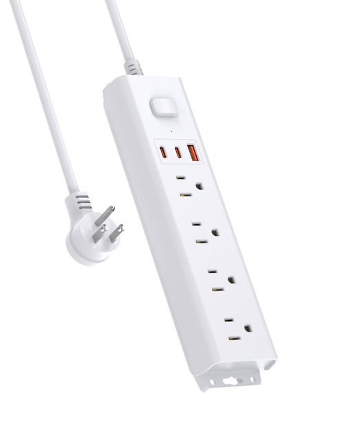 Mountable Power Strip with USB PD 20W, Surge Protector Power Outlet Strip with 4 AC Outlets & 3 USB Ports Fast Charge (1 USB-A, 2 USB-C), 5FT Extension Cord, Wall Mount, Flat Plug for Office (White)