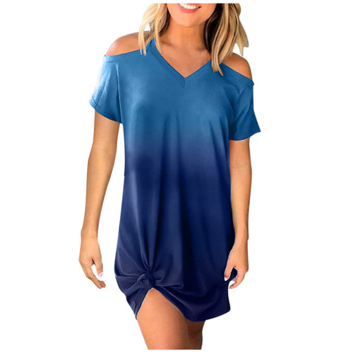 bwgrytuy Women Tshirt Dress Ombre Short Sleeve Breathable Cold Shoulder Gown V Neck Summer Tunic Short Casual Clasy Dresses