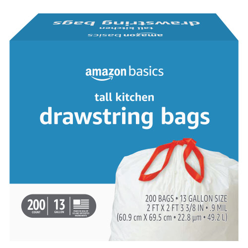 Amazon Basics Tall Kitchen Drawstring Trash Bags, 13 Gallon, Unscented, 200 Count (Previously Solimo)