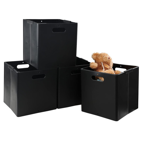 Tyminin 4 Packs Plastic Foldable Cube Storage Bin, Collapsible Storage Cubes Organizer with Handles, Black