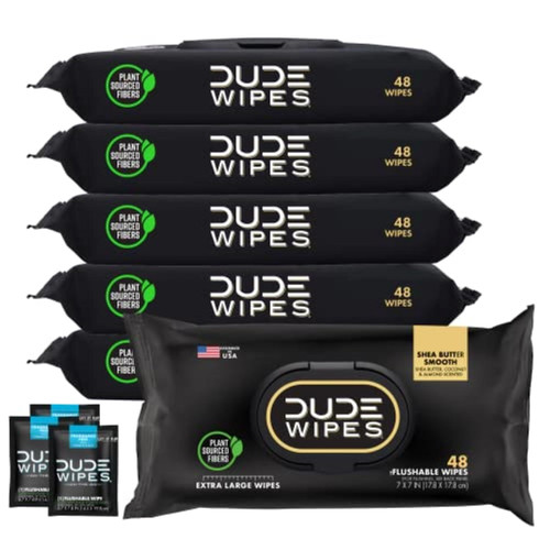 DUDE Wipes - Flushable Wipes - 6 Pack, 288 Wipes - Shea BUTTer Smooth Extra-Large Adult Wet Wipes - Vitamin-E & Aloe - Septic and Sewer Safe + 3 On-The-Go Wipes