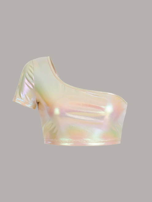 REDESYN Women's Tops Sexy Tops for Women Holographic One Shoulder Crop Metallic Top Women's Shirts (Color : White, Size : Medium)