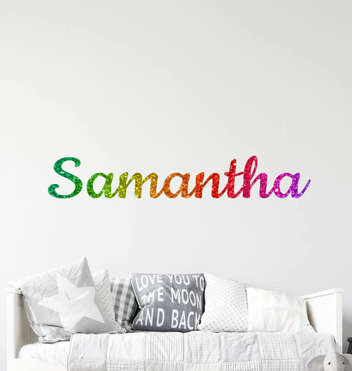 CuteDecals Rainbow Custom Name Wall Decal - Multicolor Glitter Custom Name Wall Art Decal - Unisex Sparkle Wall Decor Sticker - Wall Decal for Nursery Bedroom Decoration (Wide 12'')