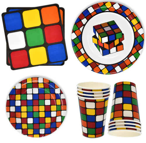 Magic Cube Fidget Party Supplies Tableware Set 24 9" Paper Plates 24 7" Plate 24 9 Oz. Cups 24 Shaped Lunch Napkins for Kids Cubes Puzzle Game Birthday Disposable Dinnerware Decorations