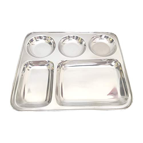 IndiaBigShop Stainless Steel Rectangular Thali Plate, 5 compartment Thali, Mess Trays, Kids Lunch and Dinner - Size 13 Inch