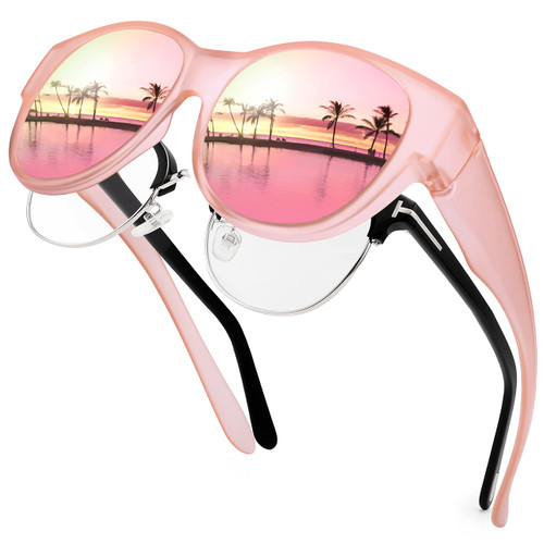 Over Glasses Sunglasses for Women, Oversized Round Cat Eye Solar Shields Trendy Sun Shades Polarized UV400 Protection - Pink Frame Mirrored Lens