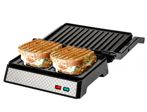 OVENTE Electric Indoor Panini Press Grill and Sandwich Maker with Non-Stick Coated Plates, Opens 180 Degrees to Fit Any Type or Size Food, Temperature Control and Removable Drip Tray, Silver GP0540BR OVENTE Electric Indoor Panini Press Grill and Sandwich Maker with Non-Stick Coated Plates, Opens 180 Degrees to Fit Any Type or Size Food, Temperature Control and Removable Drip Tray, Silver GP0540BR