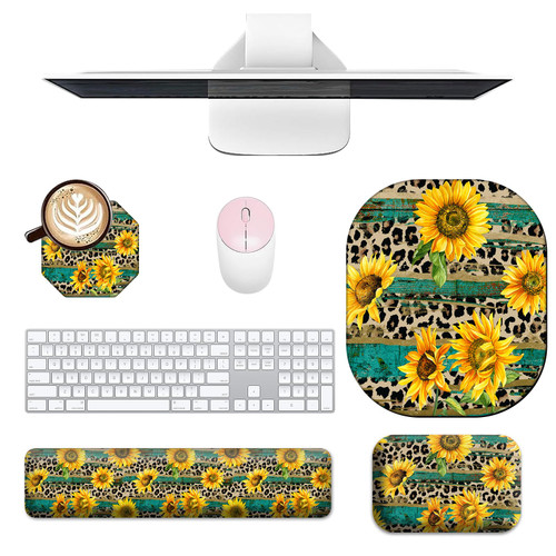 EDGFRTOIO Keyboard Wrist Rest and Mouse Pad Set, Keyboard Wrist Support + Small Mouse Pad + Elbow Arm Rest Pad + Coaster, Ergonomic Memory Foam Wrist Rest for Computer Keyboard, Leopard Sunflower