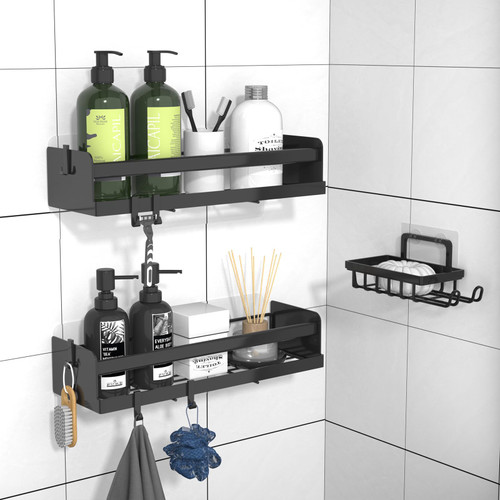 Shower Caddy Self Adhesive Bathroom Shower Shelves Organizer, Shower Shelf Storage Racks for Inside Shower,Shower Wall Caddy Suction Cup,Shower Accessories for Bathroom with Large Capacity ,Black