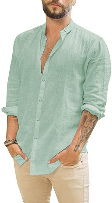 JEKAOYI Mens Casual Long Sleeve Cotton Linen Shirts Buttons Down Solid Plain Roll-Up Sleeve Summer Beach Shirts Mint Green