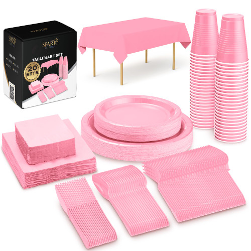 Pink Party Supplies Set Paper Plates Plastic Cups Forks Knives Spoons Napkins Tablecloth Serves 20 Guests Disposable Dinnerware Set of 222 Pieces, Complete Tableware for Party - By SparkSettings