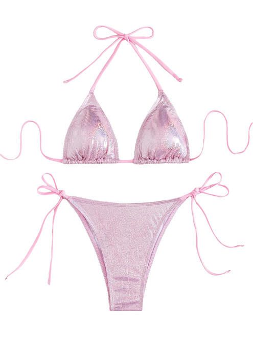 Cozyease Women's Sexy Two Piece Swimsuit Metallic Bikini High Waisted Halter Bathing Suit for Women Pink M