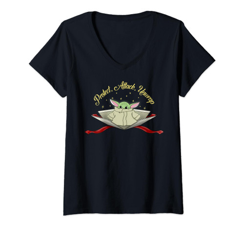 Star Wars The Mandalorian The Child Protect Attack Unwrap V-Neck T-Shirt