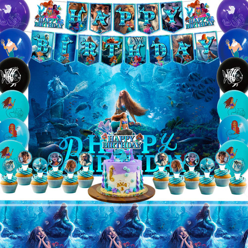 2023 Little Mermaid Party Decorations, Black Mermaid Birthday Decorations Banner Cake Topper Latex Balloons Mermaid Backdrop for Girls Birthday The Little Mermaid Party Decorations