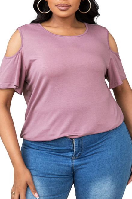 peassa Womens Plus Size Summer Blouse Casual Tops Cold Shoulder T-Shirt Mauve 2XL