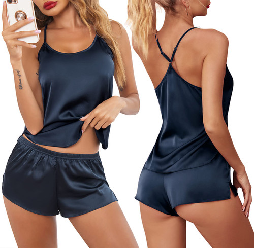 Ekouaer Pajamas Womens Lingerie Satin Sleepwear Cami Shorts Set 2 Piece Nightwear Gift Navy Blue Ekouaer Pajamas Womens Lingerie Satin Sleepwear Cami Shorts Set 2 Piece Nightwear Gift Navy Blue